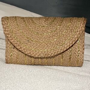 Elegant Tan and Gold Woven Clutch